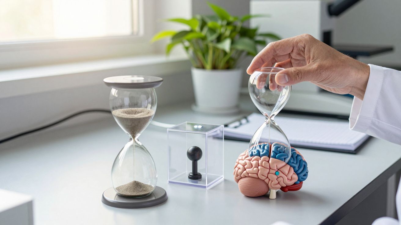 Relógio de areia e modelo de cérebro numa secretária, com planta ao fundo.