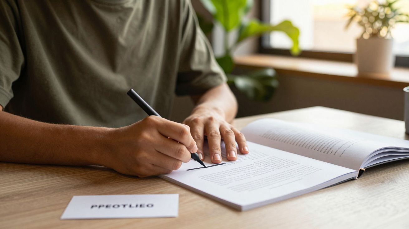 Pessoa a escrever num caderno aberto numa mesa de madeira, com planta ao fundo e papel com letras "PPEOTLIEO".