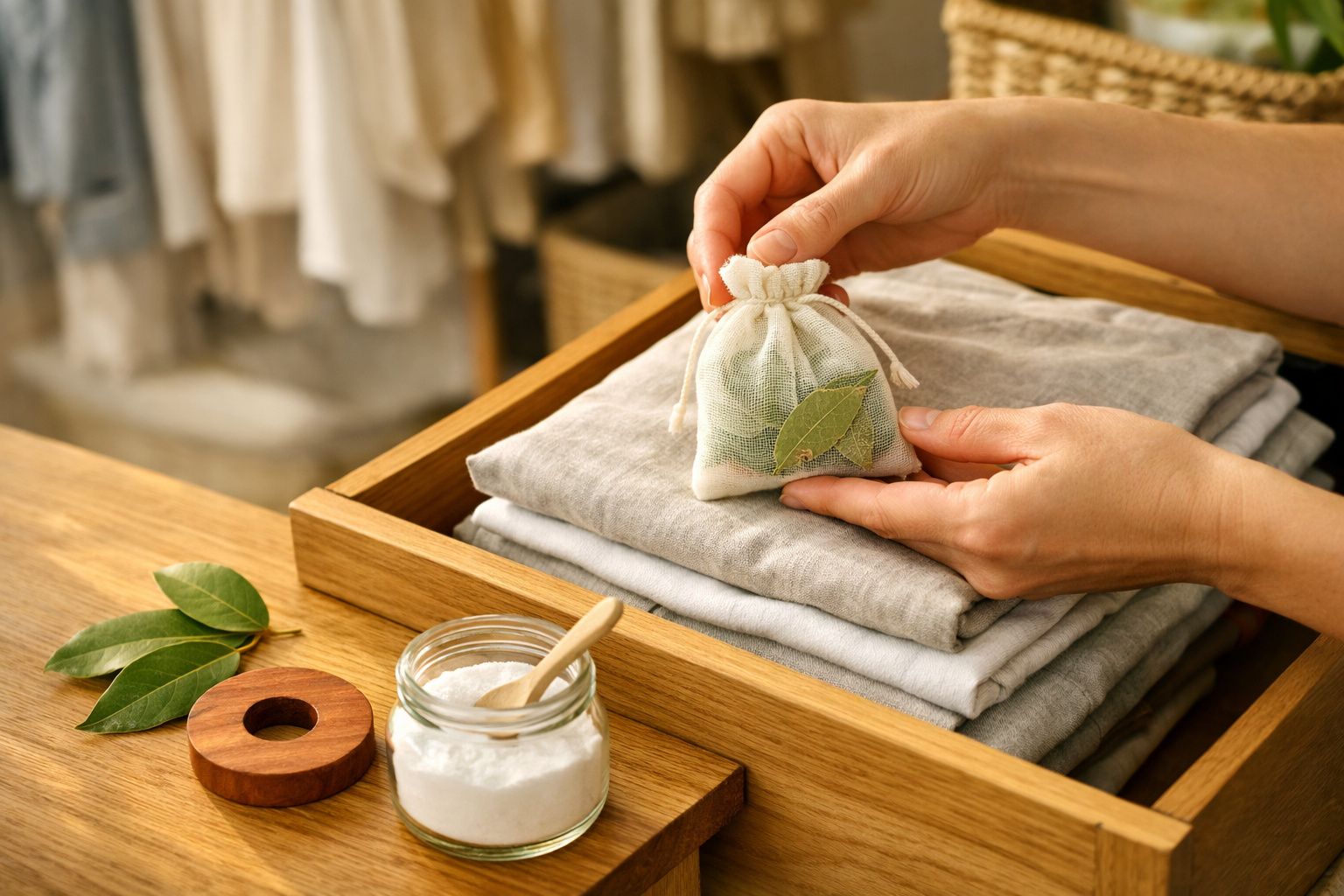 Mãos colocam saco de ervas num gavetão de madeira com roupa branca. Frasco de folhas ao lado. Roupa pendurada atrás.