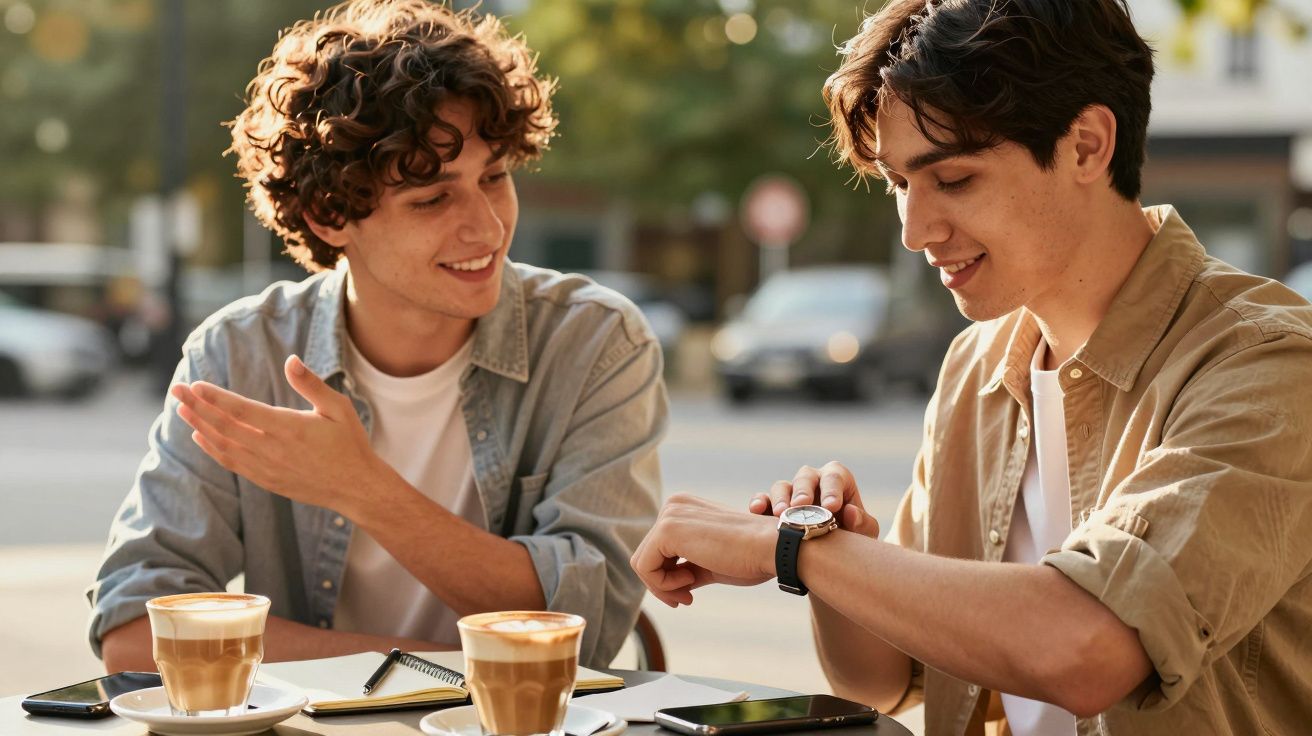 Dois jovens conversam numa esplanada com cafés e um bloco de notas sobre a mesa.