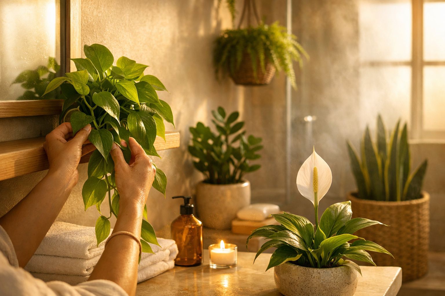 Mãos segurando vaso com lírio-da-paz em casa de banho, cercado por toalhas, plantas e frasco de sabonete.