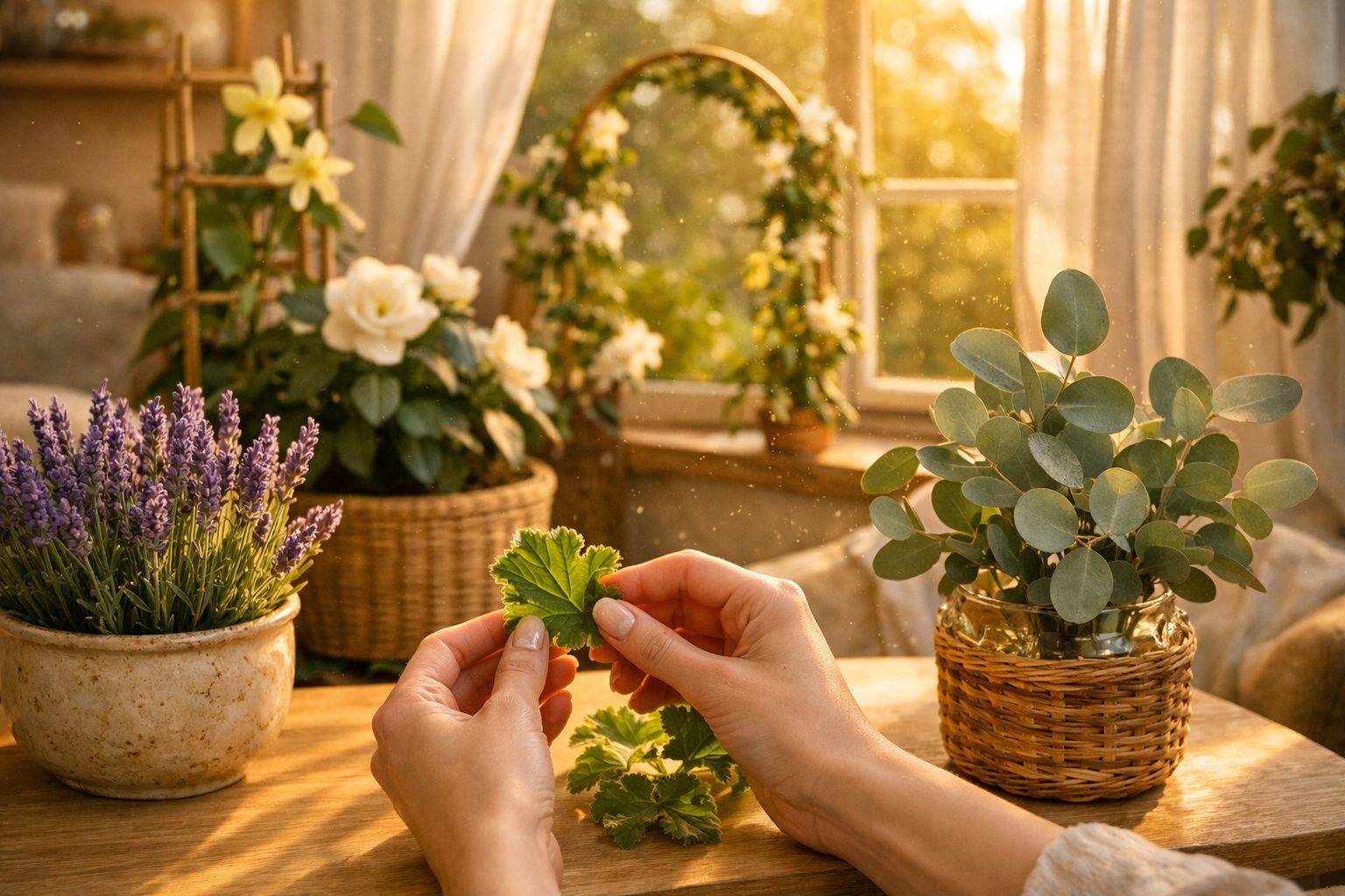 Pessoa segurando uma folha com plantas e flores em vasos, frasco de spray, lavanda e tesoura sobre a mesa.