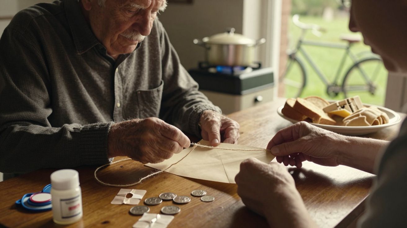 Idosos fecham envelope numa mesa com moedas, comprimidos e pão; bicicleta e panela ao fundo.