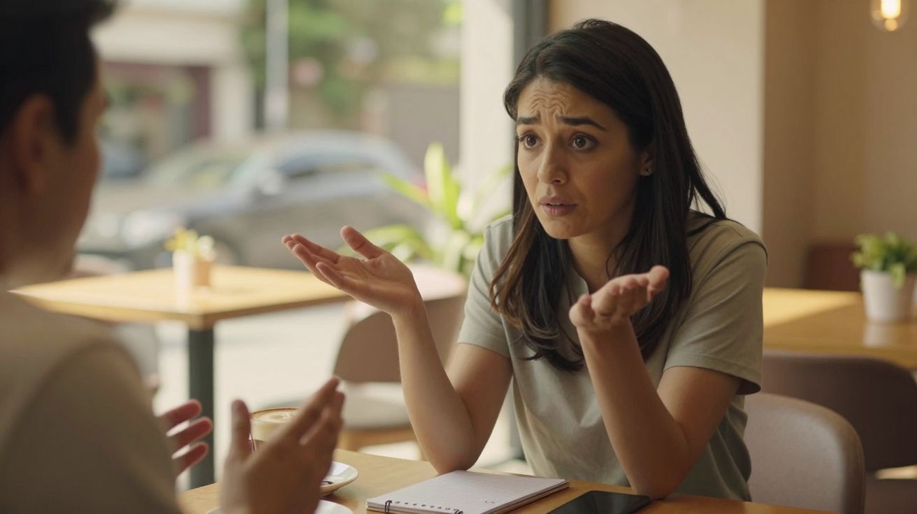 Mulher gesticula enquanto conversa com alguém, sentada numa mesa de café, com um bloco de notas à frente.