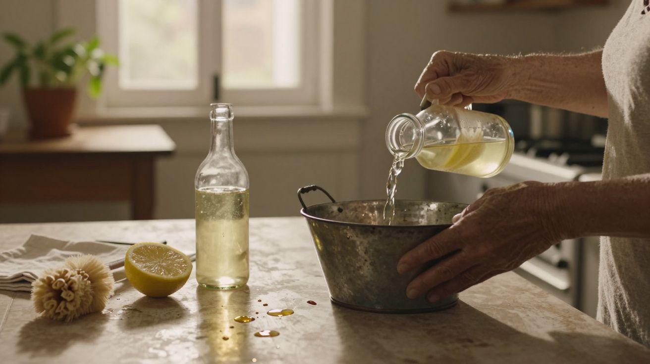 Mão despejando líquido de jarra em bacia metálica, com garrafa, limão cortado e escova sobre a mesa de madeira.