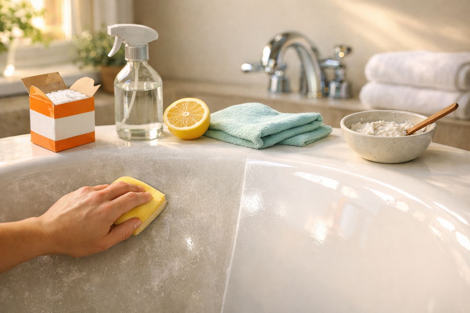 Mão a limpar banheira com esponja amarela. Ingredientes naturais: bicarbonato, limão, vinagre, toalha e bacia à volta.