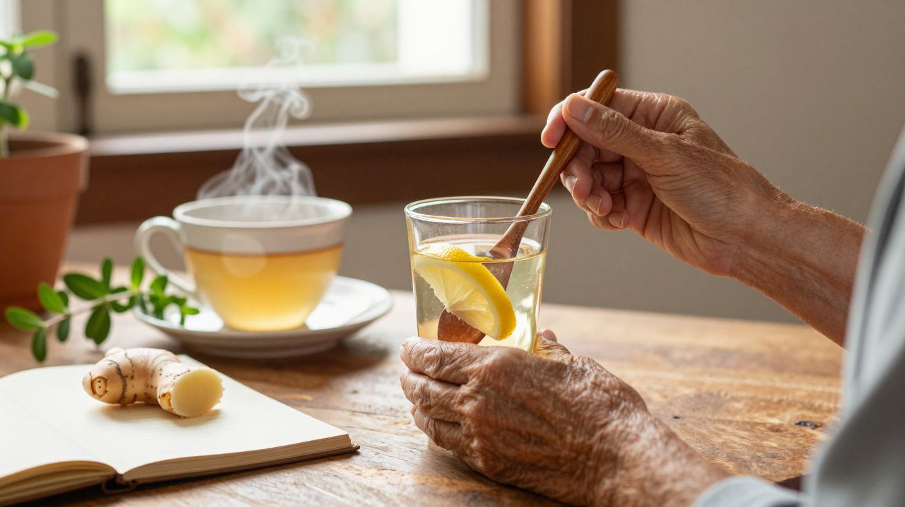 Mãos mexem bebida com limão e gengibre em copo; chá fumegante e gengibre em mesa de madeira ao fundo.