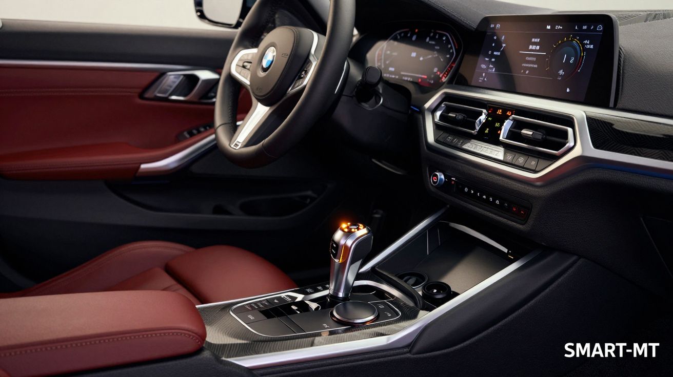 Interior de carro de luxo com estofos em couro vermelho, volante, painel digital e caixa de velocidades automática.