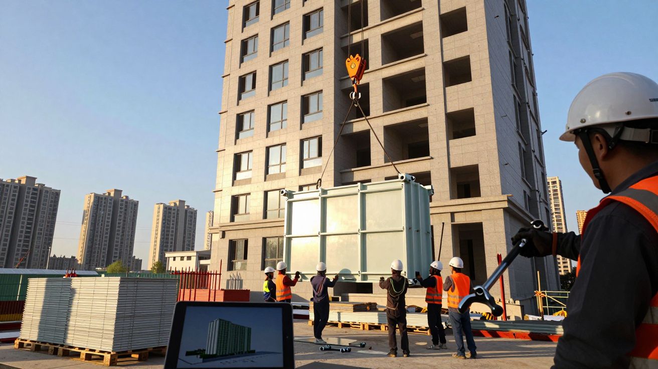 Trabalhadores de capacete num estaleiro, guindaste a elevar estrutura metálica em frente a edifício em construção.