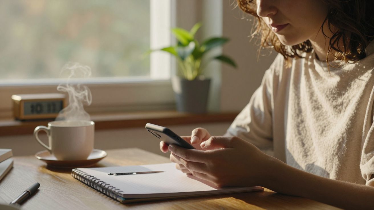 Mulher sentada à mesa com chávena de café, bloco de notas e telemóvel, perto de janela iluminada.