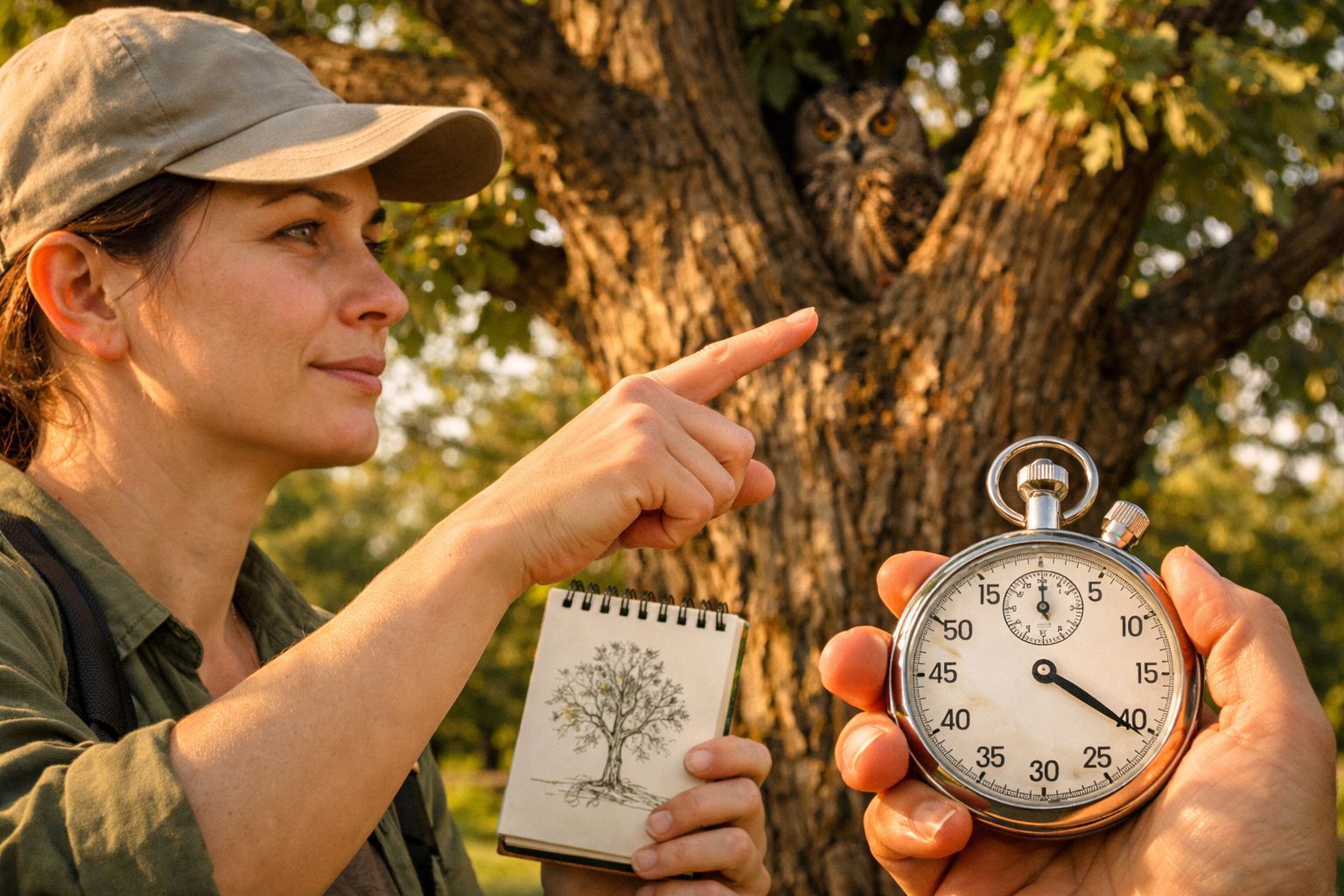 Mulher aponta para uma coruja numa árvore enquanto segura bloco de notas com desenho de árvore; ao lado, cronómetro.