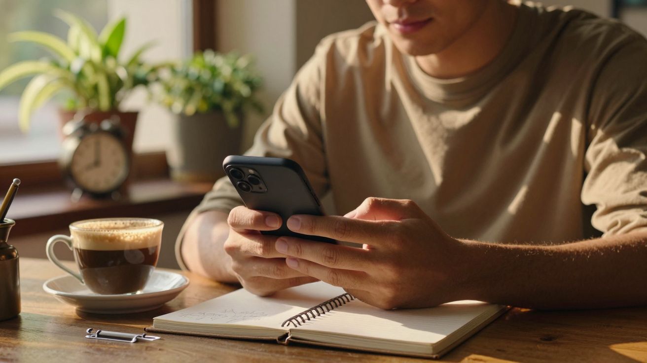 Homem sentado à mesa com telemóvel e caderno aberto, chávena de café ao lado e planta ao fundo.