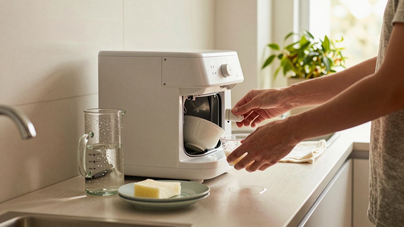 Pessoa a carregar uma máquina de lavar louça pequena, com copo e taça, numa cozinha iluminada pela luz do dia.