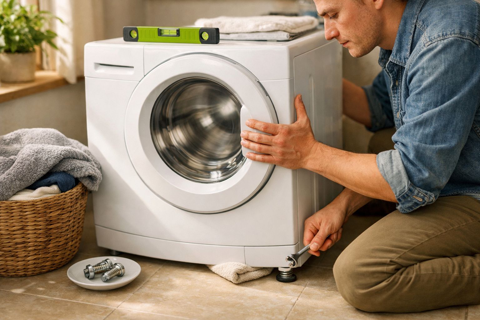 Pessoa ajoelhada ajusta uma máquina de lavar com um nível de bolha e parafusos ao lado.