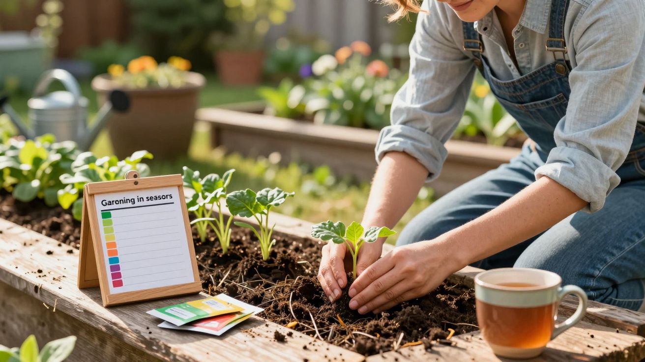 Pessoa plantando num jardim com tabela de estações e chá ao lado.