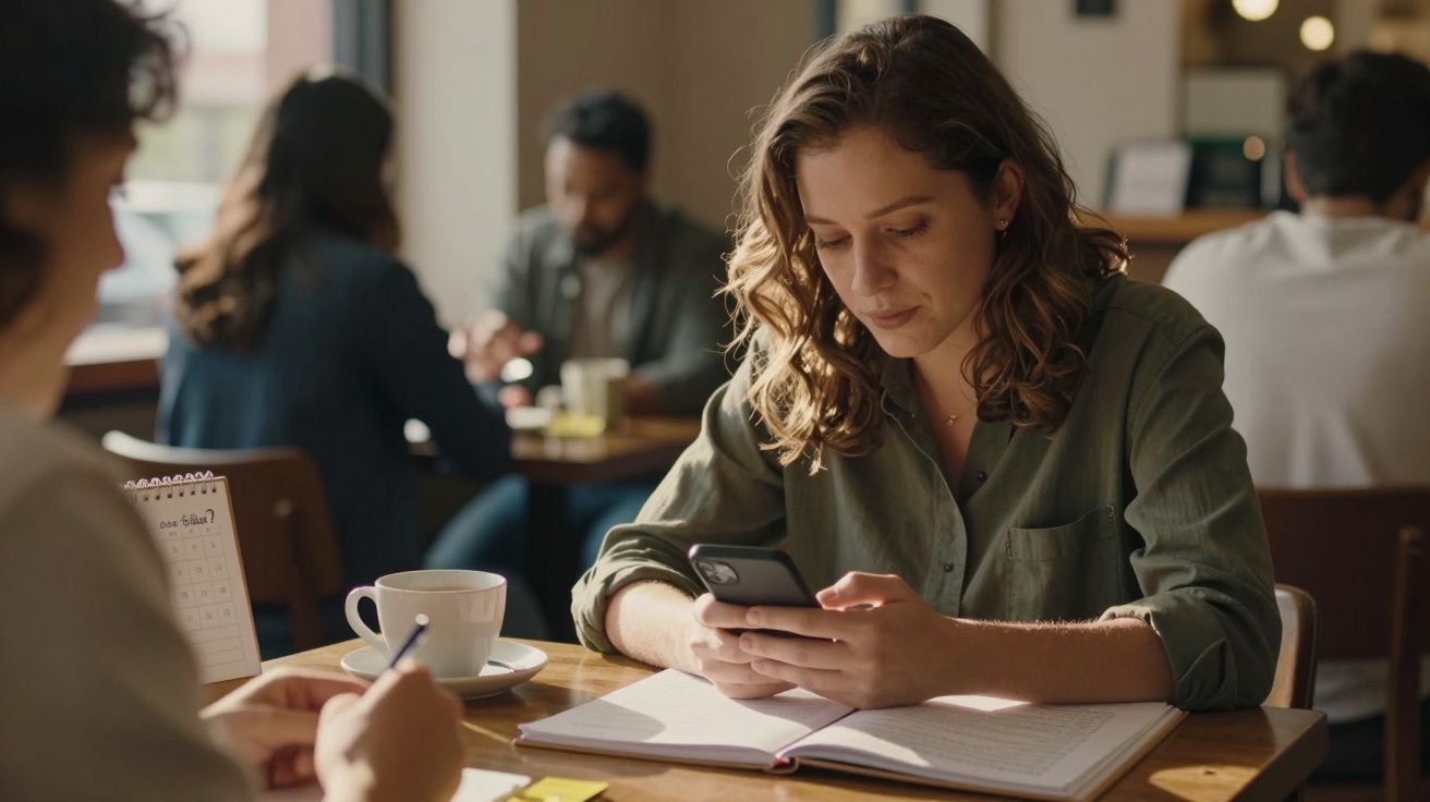 Mulher jovem a usar telemóvel numa cafetaria, com um caderno e chávena na mesa, num ambiente tranquilo.