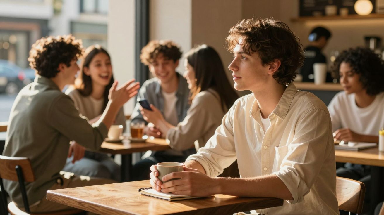 Jovem sentado num café com um grupo de amigos ao fundo a conversar e rir, ambiente descontraído e iluminado.