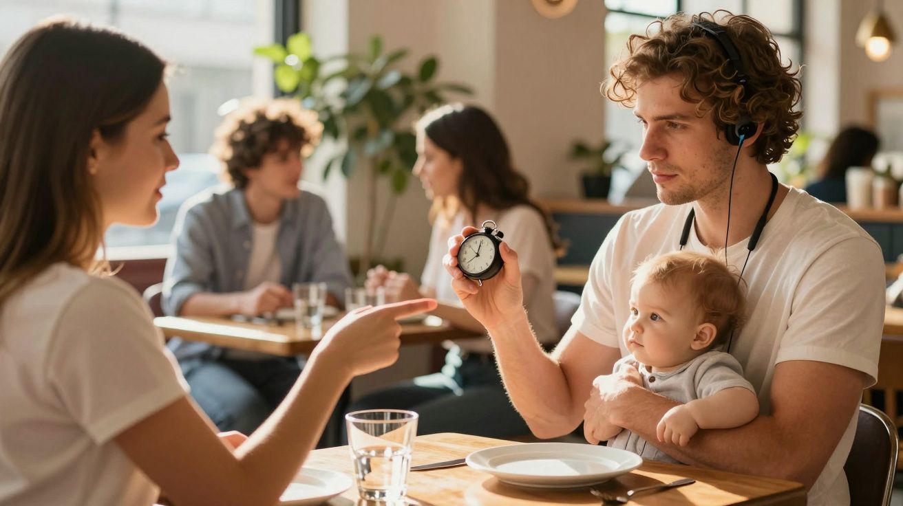 Casal conversa enquanto homem segura bebé e cronómetro num restaurante. Ao fundo, outras pessoas sentadas a uma mesa.