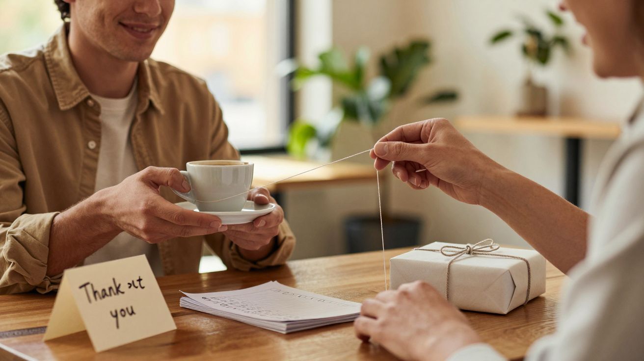 Duas pessoas trocam chávenas e um presente, com cartão de agradecimento visível numa mesa de madeira.