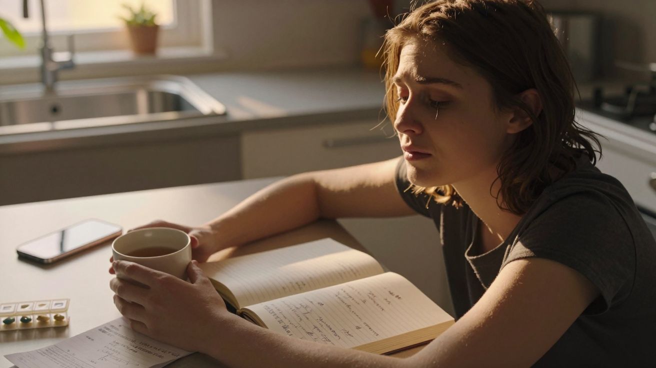Mulher pensativa numa cozinha, segurando uma caneca de chá, com um bloco de notas à frente e comprimidos ao lado.