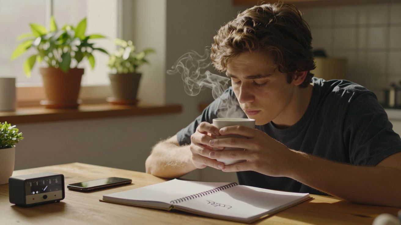 Jovem sentado à mesa a beber chá quente ao lado de um caderno aberto. Plantas ao fundo numa janela iluminada.