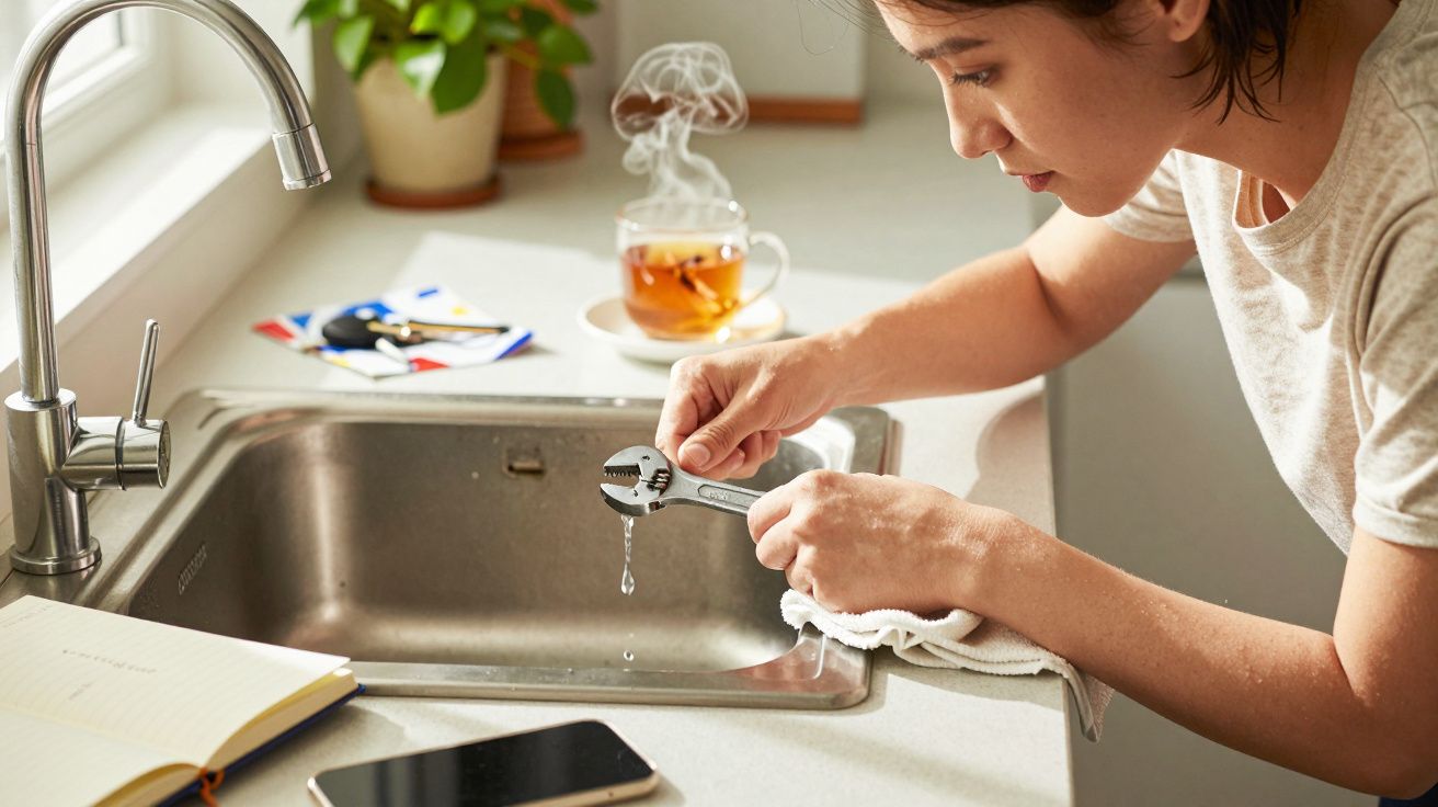 Mulher ajustando a torneira da cozinha com uma chave inglesa. Chá e telefone ao lado.