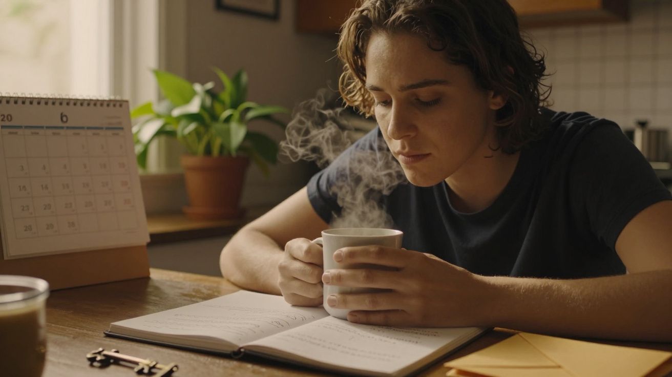 Pessoa lendo num café, segurando uma caneca de chá fumegante, com uma planta e um calendário ao fundo.