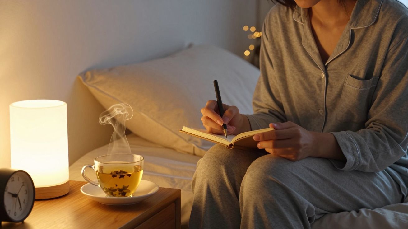 Pessoa de pijama escreve num caderno na cama ao lado de uma chávena de chá, candeeiro e despertador numa mesa de cabeceira.