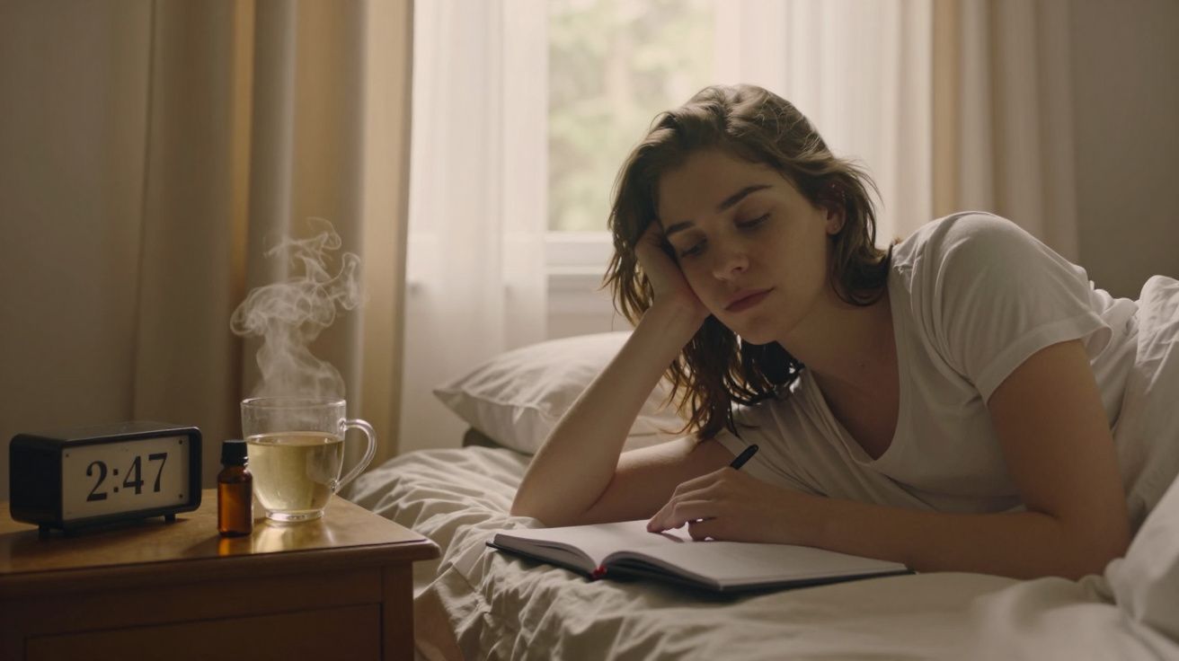 Mulher pensativa na cama, escreve num caderno. Ao lado, um chá fumegante e um relógio marcando 2:47.