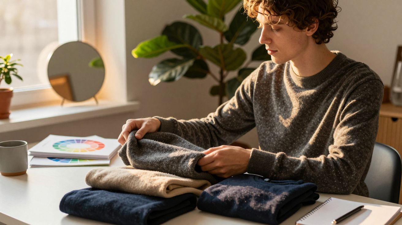Homem sentado à mesa, dobrando camisolas. Ao lado, caderno, chávena e planta junto à janela.