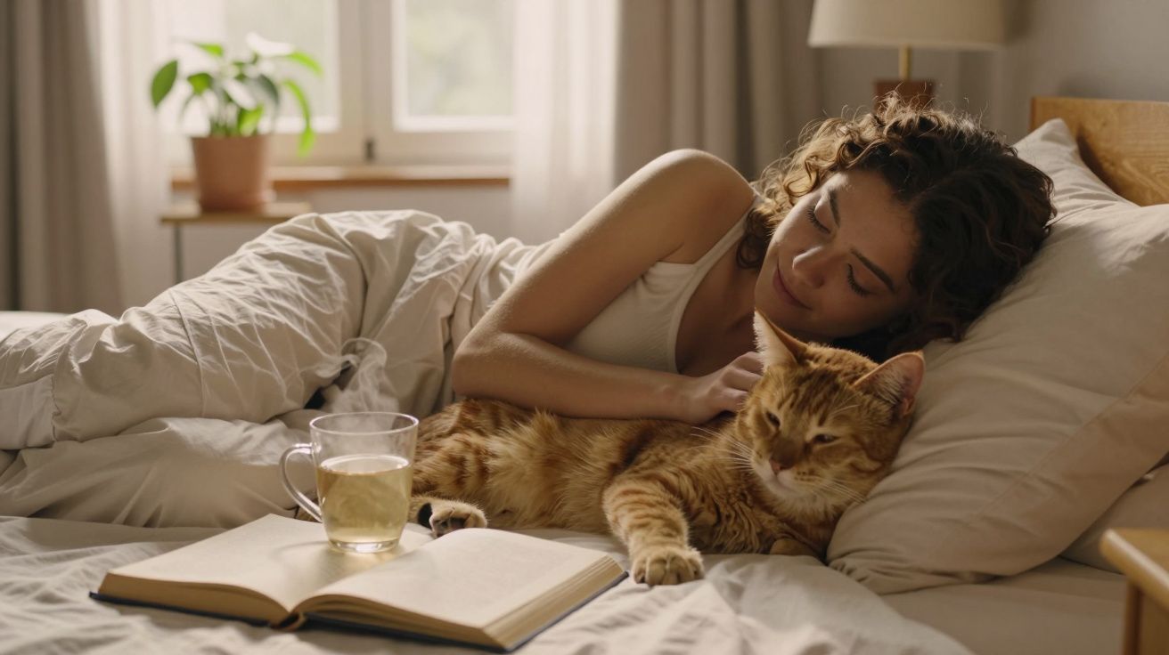 Mulher deitada na cama abraçada a um gato, com livro aberto e chá ao lado, perto de janela iluminada.