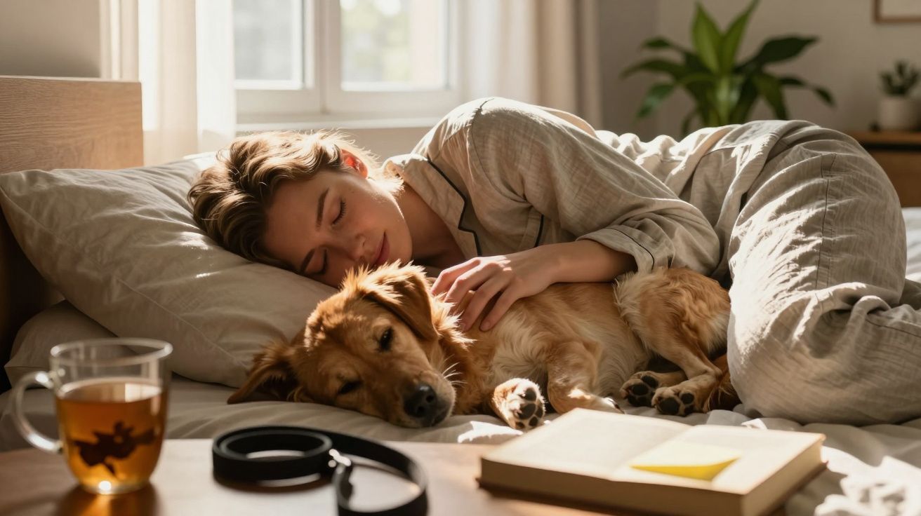 Mulher a dormir abraçada a um cão numa cama, com luz suave a entrar pela janela e uma chávena de chá ao lado.