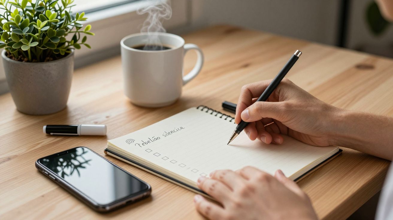 Mão escreve num bloco de notas ao lado de planta, chávena de café, marcador e smartphone sobre mesa de madeira.