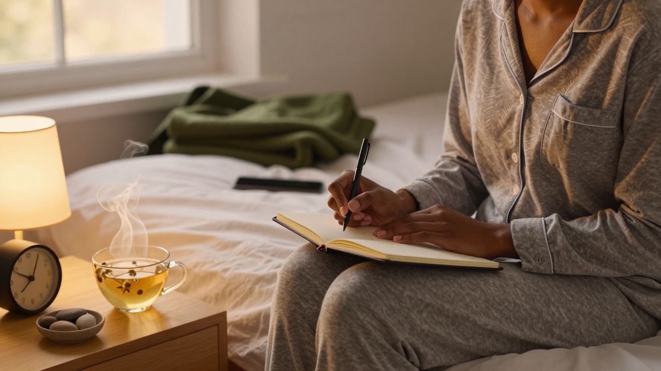 Pessoa de pijama cinza escreve num caderno numa cama, com chá fumegante na mesa e luz suave de candeeiro.