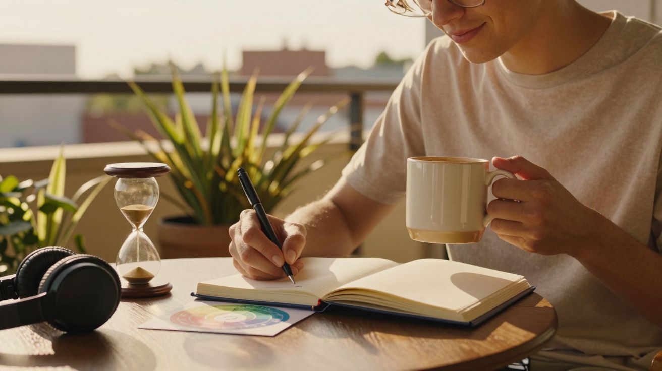Pessoa escreve num caderno enquanto segura uma caneca, ao lado de um relógio de areia e uns auscultadores numa mesa.