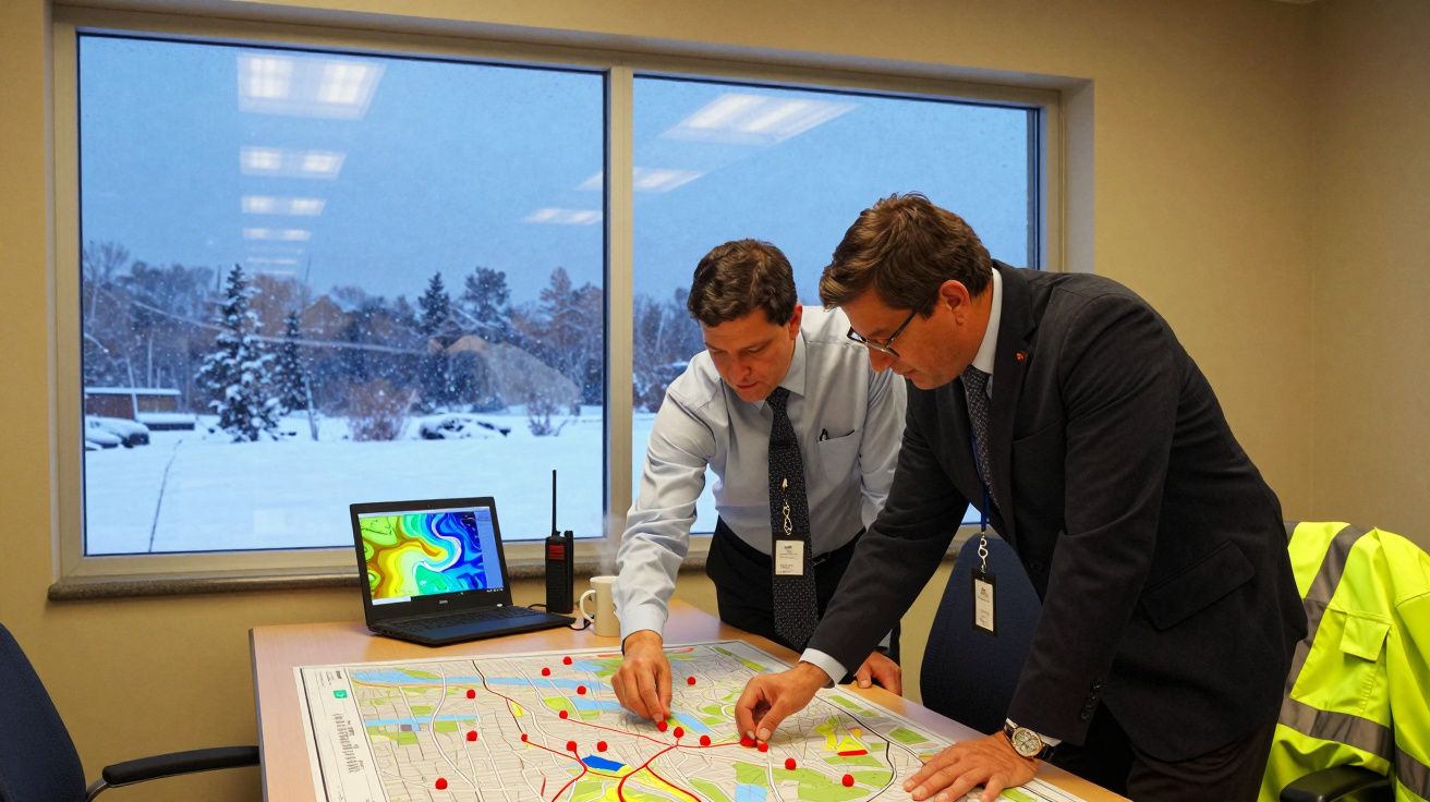 Dois homens analisam um mapa numa sala com janela, neve ao fundo e computador ligado.