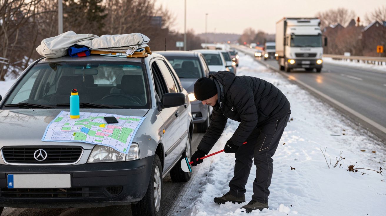 Homem a colocar correntes de neve num carro estacionado ao lado da estrada coberta de neve, com trânsito ao fundo.