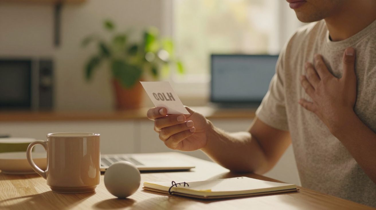 Pessoa segurando cartão com palavra, mão no peito, ao lado de caneca e bloco de notas em mesa de madeira.