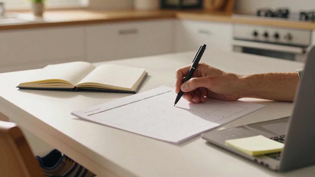 Pessoa a escrever numa folha de calendário sobre uma mesa, com um portátil e caderno ao lado.