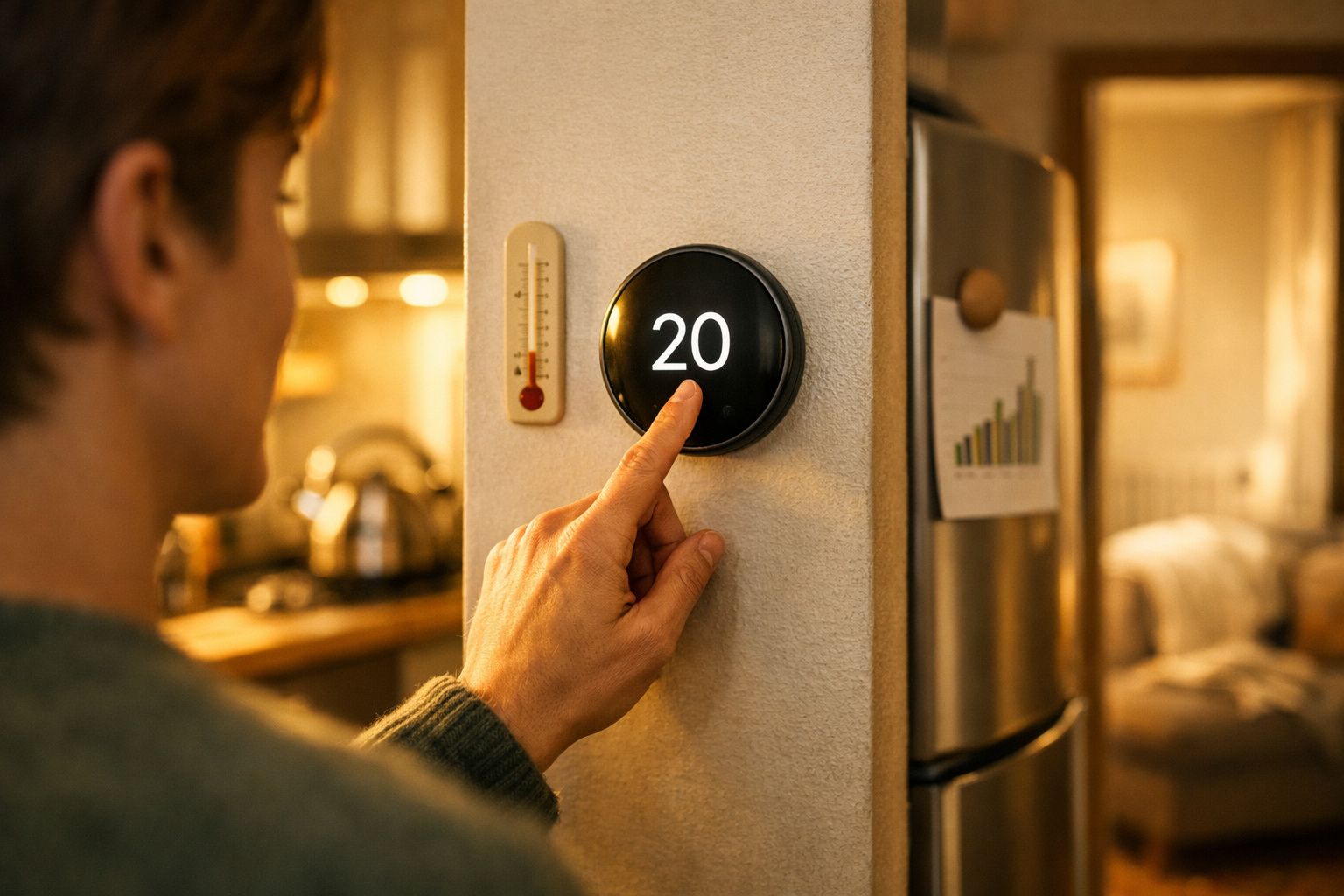 Pessoa ajusta termostato na parede de um quarto bem iluminado.