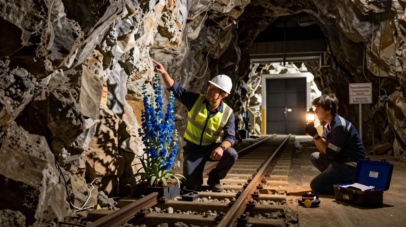 Dois homens estudam flores azuis numa mina, um aponta, outro ilumina com lanterna junto a uma linha férrea.