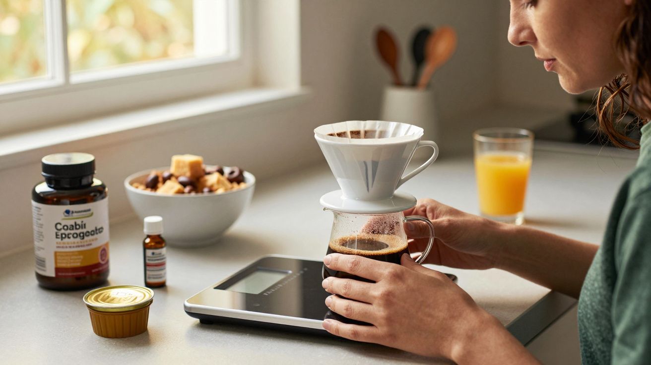 Mulher prepara café filtrado numa balança de cozinha, ao lado de suplementos e sumo de laranja.