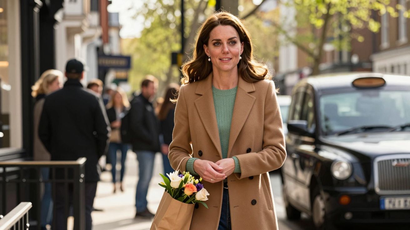 Mulher com casaco bege segura saco com flores, caminhando numa rua urbana, táxi preto ao fundo.