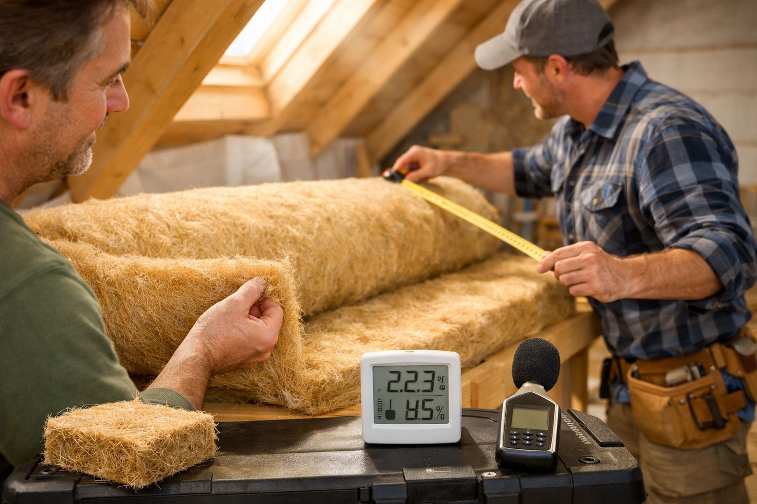 Duas pessoas trabalham numa bancada com um agrafador em colchão de lã, com ferramentas ao redor.