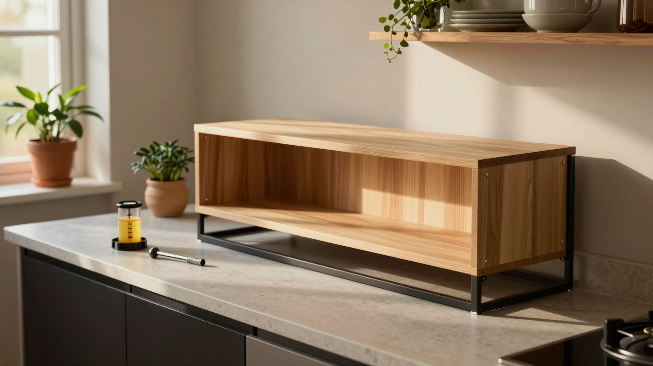 Estante de madeira clara e metal preto numa bancada de cozinha, com plantas ao fundo e utensílios à volta.