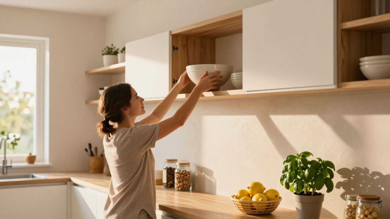 Mulher a alcançar uma tigela numa prateleira alta numa cozinha iluminada com plantas e frutas sobre a bancada.