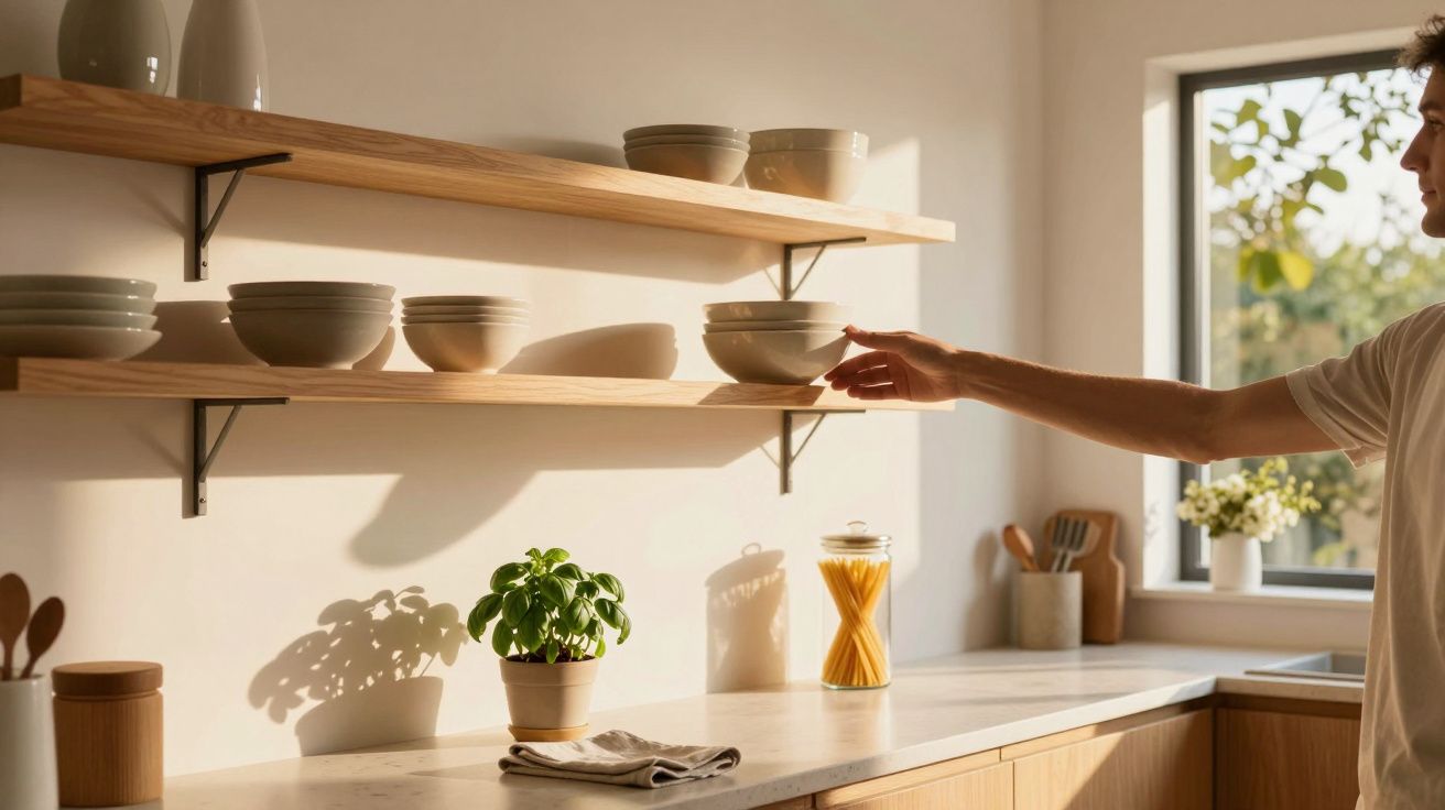 Cozinha iluminada pelo sol, com prateleiras de madeira, tigelas, e uma pessoa a alcançar uma tigela.