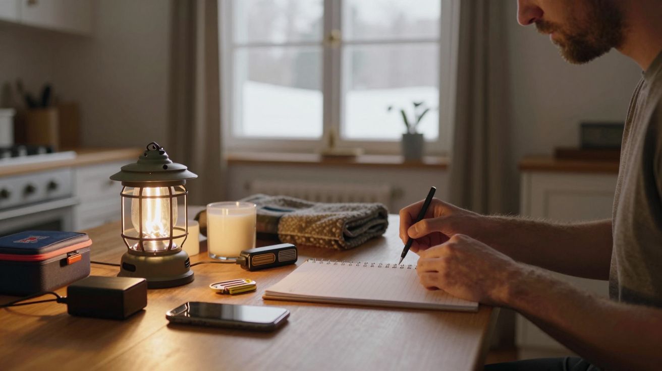Homem escreve num caderno à mesa, iluminado por um candeeiro antigo e uma vela.