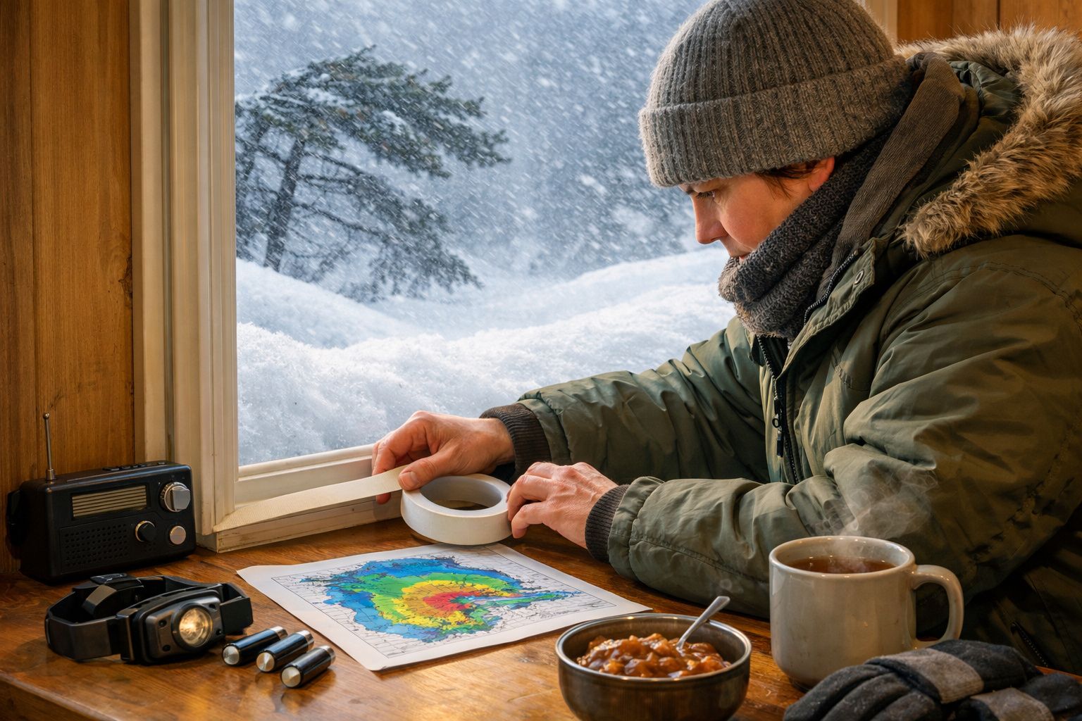 Pessoa a retirar neve da entrada de casa com uma pá, vestindo casaco grosso, ao lado de uma varanda com lanterna.