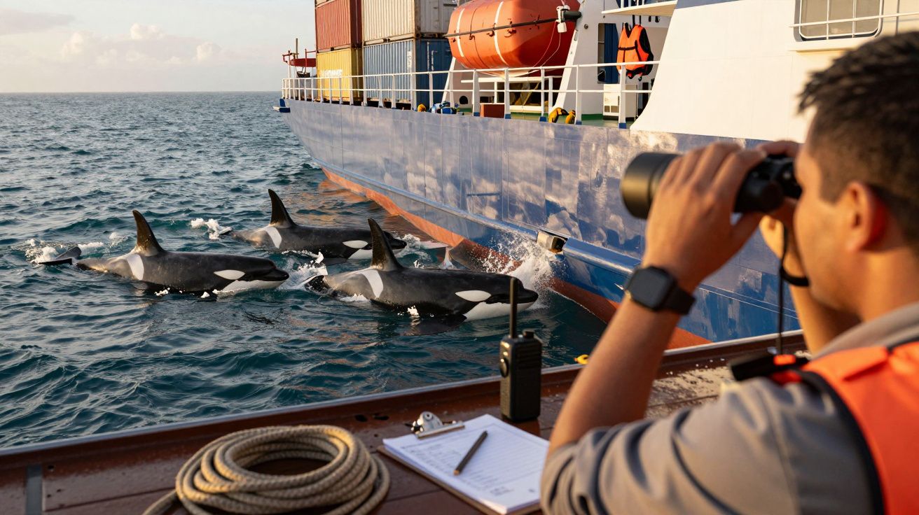 Homem observa com binóculos grupo de orcas a nadar ao lado de um navio de carga no mar.